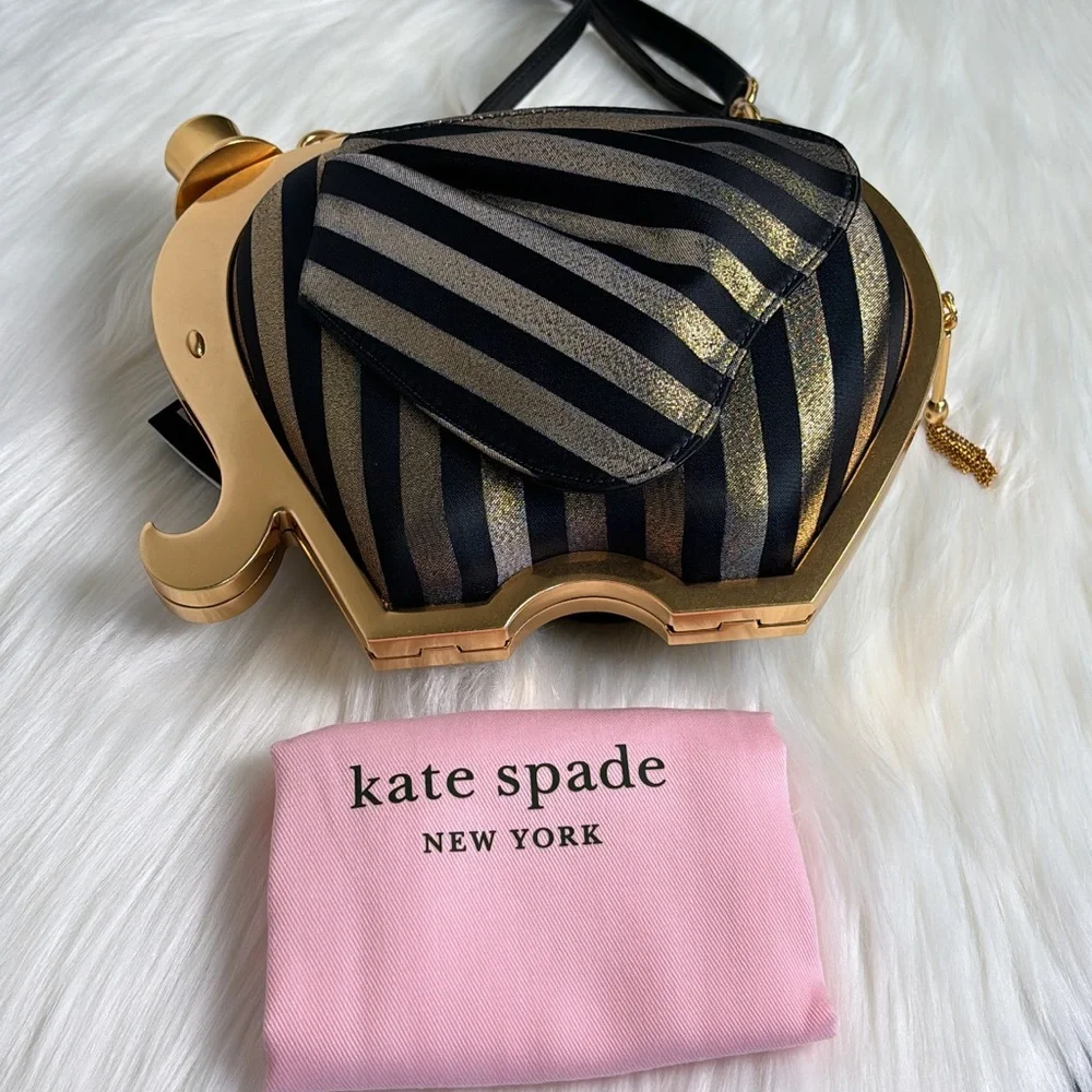 NWT💃Kate Spade Ellie Striped 3d Elephant Metallic Clutch Purse Bag - Picture 7 of 16